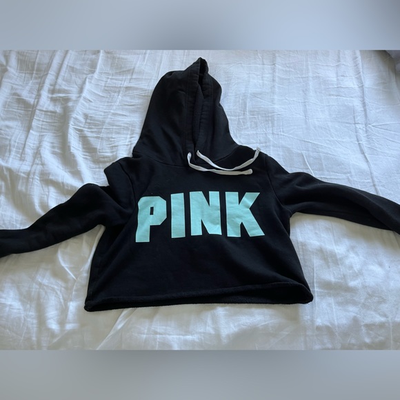 PINK Victoria’s Secret cropped black hoodie with blue writing - Picture 1 of 4
